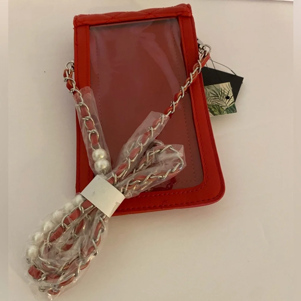 NWT Badgley Mischka‎ Red Phone Bag Crossbody Pearl Accents